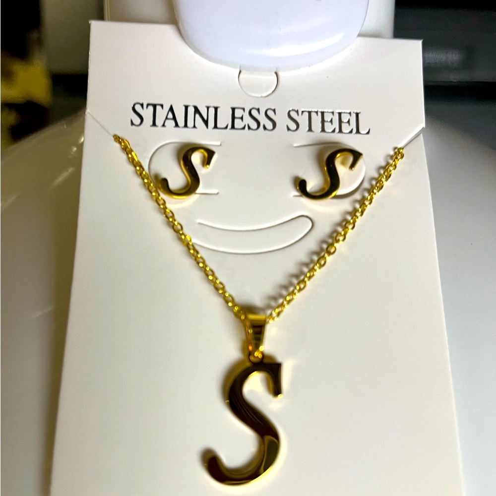 Gold Stainless Steel Initial Necklace and Earring Set